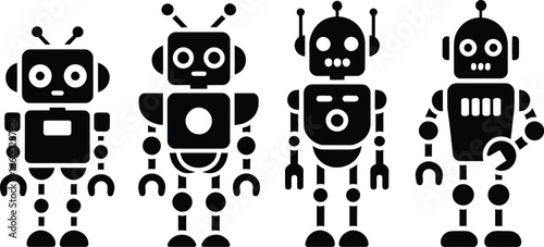 Robot icon set with unique heads, antennae, and mechanical bodies in bold black silhouette vector style