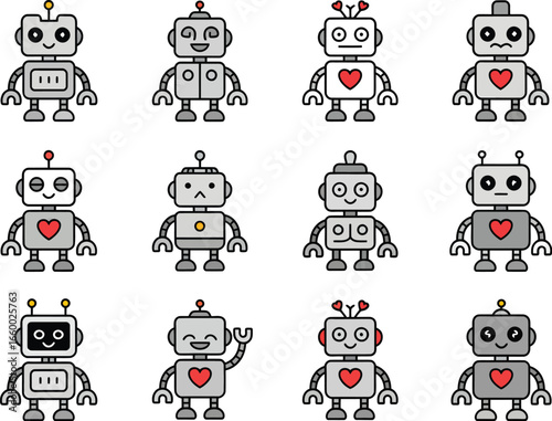 Cartoon robot icon set with hearts, antennas, expressive faces, and colorful designs in playful vector style