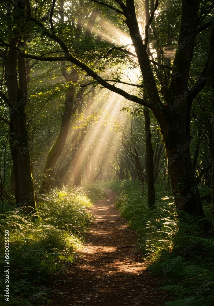 Obraz premium Sunlit Forest Path: Golden Rays Illuminate a Tranquil Woodland Trail