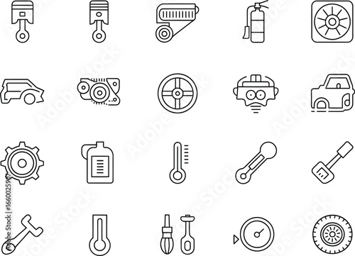 Automotive icon set with piston, engine, steering wheel, tools, tire, and car parts in minimal line vector style