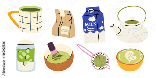 Matcha lover sticker set in cartoon groovy style. Matcha latte, whisk, kettle, powder, milk. Healthy organic delicious beverage. Matcha drinks icons collection