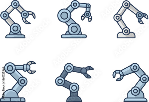 Robotic arm icon set with claws, joints, and mechanical segments in flat vector style for automation and industry themes