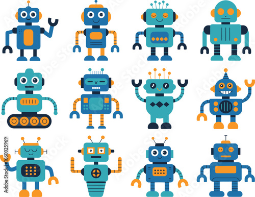 Cartoon robot icon set with colorful characters, antennas, wheels, and playful expressions in flat vector style