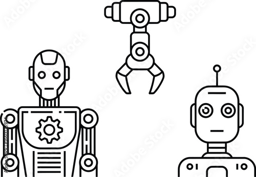 Robot icon set with humanoid bot, robotic arm, and antenna robot in minimal line style for tech and automation themes