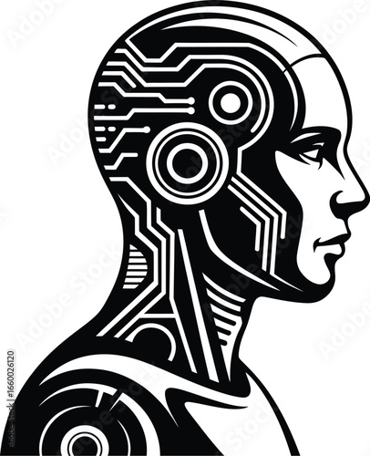 Futuristic humanoid robot profile with circuit patterns symbolizing artificial intelligence and human-machine integration