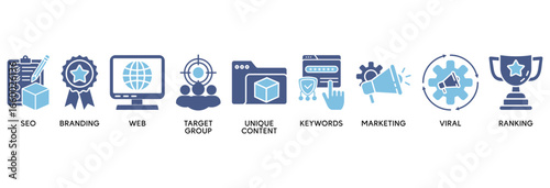 Content is king icon set vector illustration concept relate to seo, branding, web, target group, unique content, keywords, marketing, viral and ranking