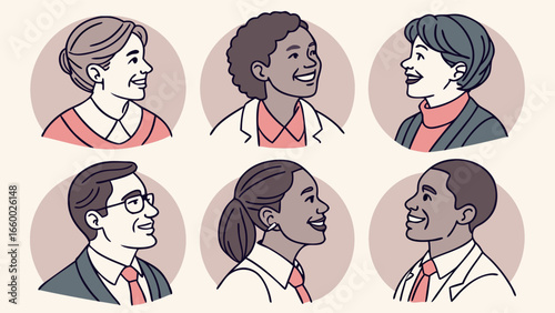 Diverse Group of Smiling People in Profile View.