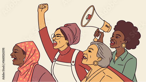 Diverse Group of Women Protesting with Raised Fist and Megaphone Advocating for Change.