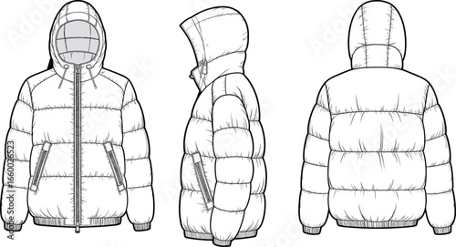 Puffer jacket CAD flat sketch, technical fashion drawing with hood, down winter coat vector template, front side back view