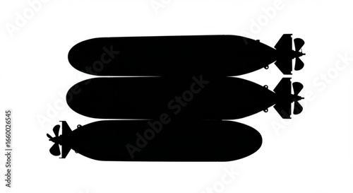 Silhouette depiction of three stacked torpedoes with visible propellers and cylindrical bodies design