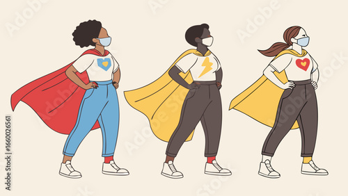 Diverse Superhero Women Wearing Masks and Capes Standing Proudly Together.