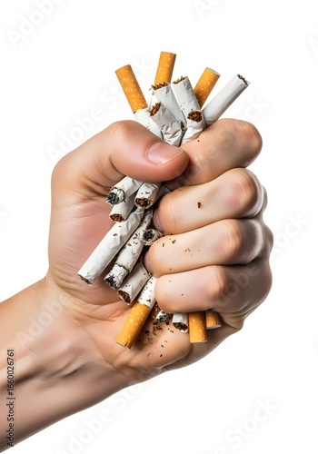 Hand crushing cigarettes in fist as symbol of quitting smoking stop smoking, isolated on white background vertical