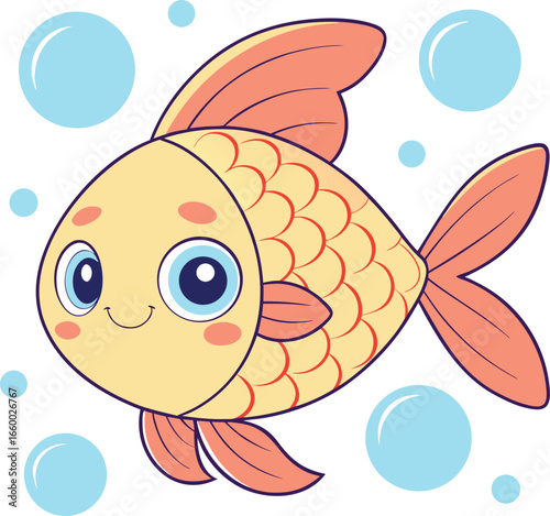 Cute cartoon goldfish swimming in a bubbly aquatic environment.