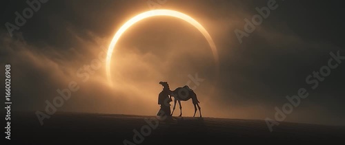 Anamorphic video Mystical Desert Journey. Silhouette of Nomad and Camel Under Glowing Circle.