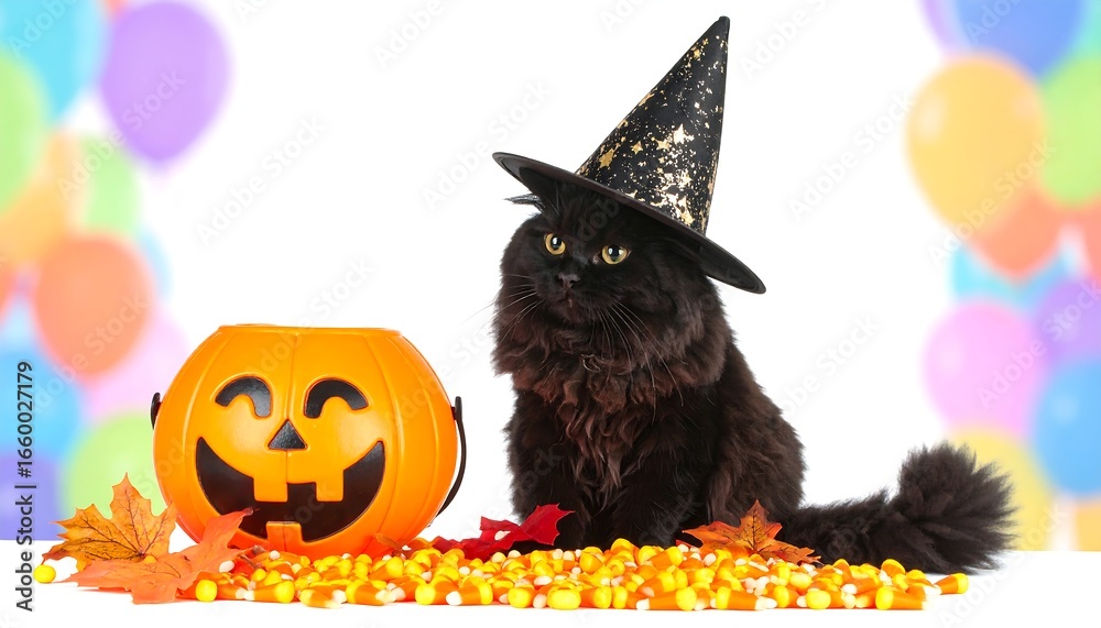 Fototapeta premium Halloween Kitty in Witch's Hat with Candy Corn