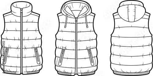 Puffer vest technical CAD drawing, fashion flat sketch template, sleeveless down jacket vector, front back hooded view illustration design