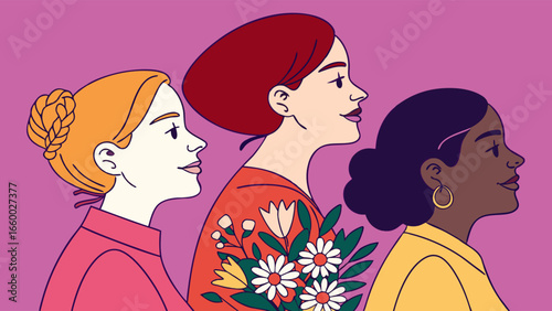Diverse Women in Profile with Floral Bouquet.