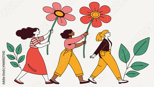 Diverse Women Marching with Flowers Illustration of Unity and Empowerment.