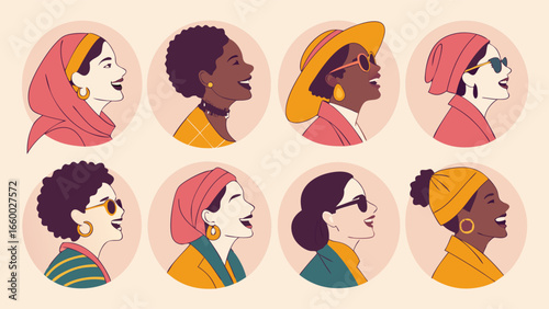 Diverse Women Portraits in Profile with Accessories.