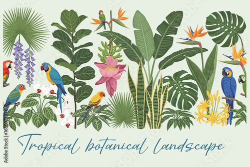 Tropical botanical landscape, palm tree, banana tree, plant floral seamless border background. Exotic green jungle wallpaper.