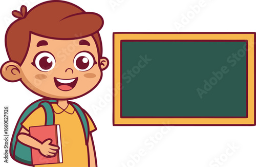 Smiling schoolboy with a blank chalkboard, ready to learn.