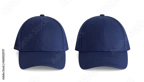 Set of two dark blue blank baseball caps isolated on a white background. Front view of a classic sports hat mockup for design or branding