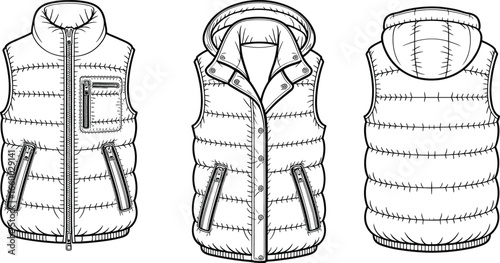 Hooded puffer vest CAD drawing, technical fashion flat sketch, sleeveless down jacket vector illustration, front back side view design template