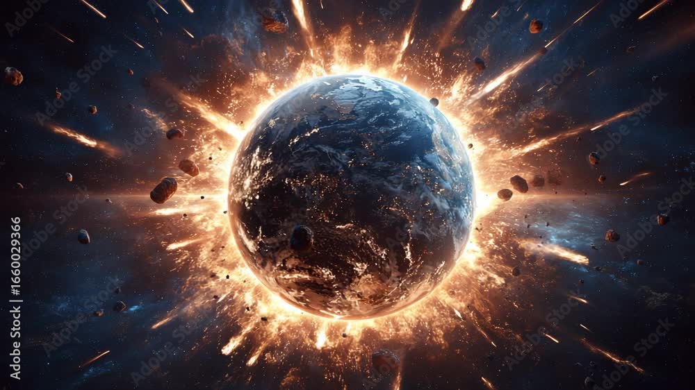 Planet exploding with fiery cosmic energy and dramatic burst of light in deep space scene