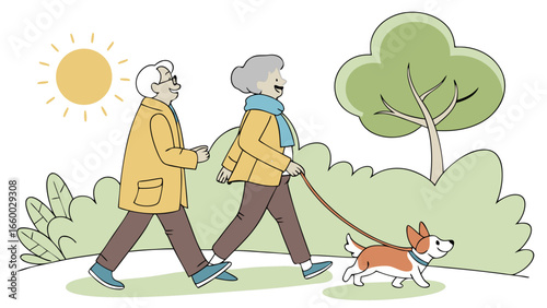 Elderly Couple Walking Dog in Park Illustration.