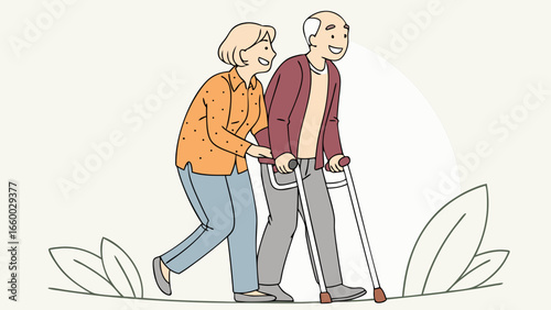 Elderly Man Assisted by Woman with Walker.