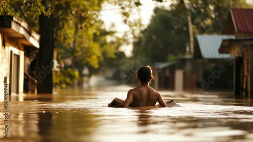 Person walking through flooded street during natural disaster at sunset, dramatic scene of urban flooding with golden light reflections, concept of climate change, extreme weather, environmental crisi