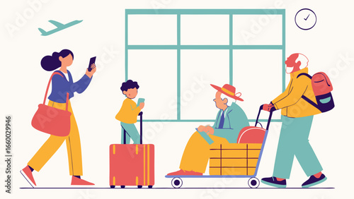 Family of Four Traveling Airport Departure Scene.