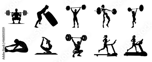 Fitness silhouettes weightlifting yoga running exercise