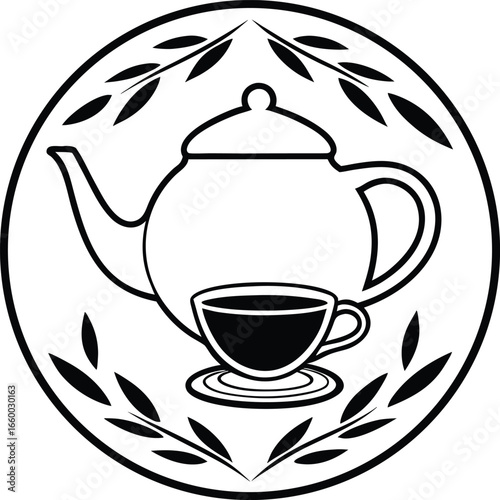 Simple black and white tea pot and cup graphic design