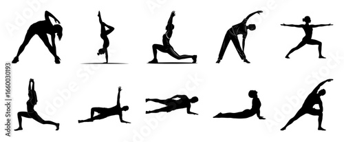Diverse yoga poses silhouettes fitness exercise