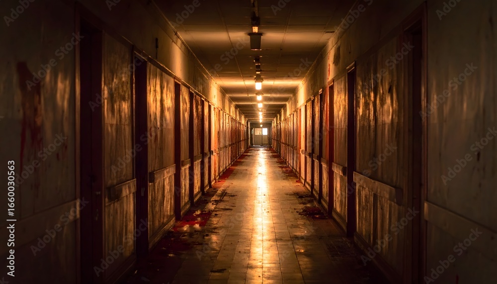 custom made wallpaper toronto digitalAn endless abandoned asylum hallway, flickering lights casting shadows on walls oozing dark ichor, distorted faces fleeting in silence — a cinematic horror wallpaper full of dread and suspense.