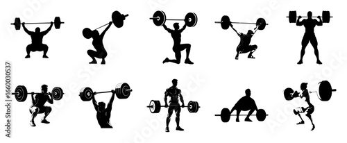 Weightlifters performing various lifts weightlifting