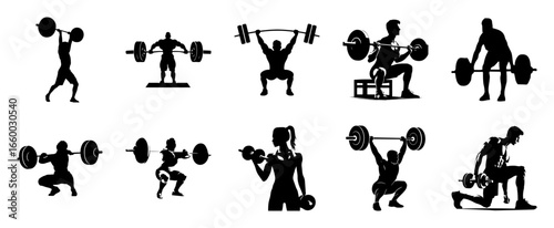 Weightlifting silhouettes with barbells and dumbbells