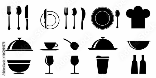 Restaurant and cooking icons set black silhouette on white background