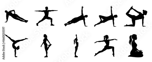 Yoga poses silhouettes fitness exercise