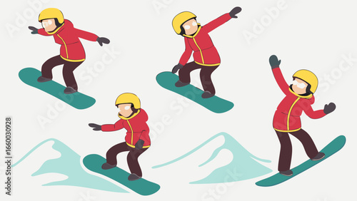 Four Snowboarders in Red Jackets and Yellow Helmets Performing Various Tricks.