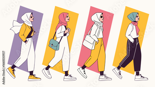 Four Stylish Muslim Women Walking in Modern Hijabs.