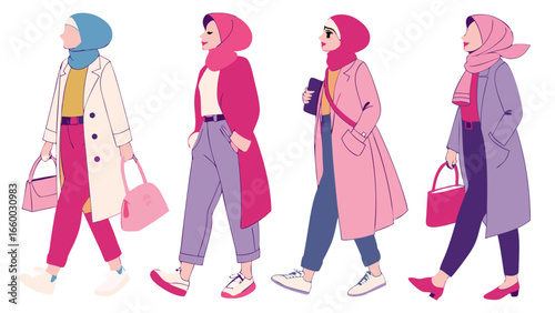 Four Stylish Women in Hijabs Walking with Coats and Bags.