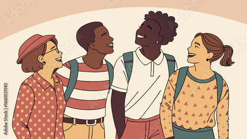 Group of Smiling Friends with Backpacks Together.