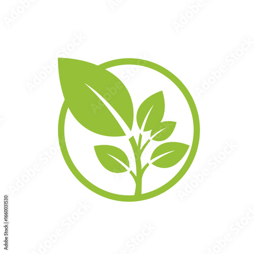 Green sprout with leaves inside a circle logo, representing nature and growth