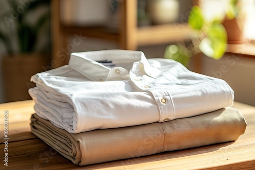 Folded white shirt and beige pants on a wooden table (1)