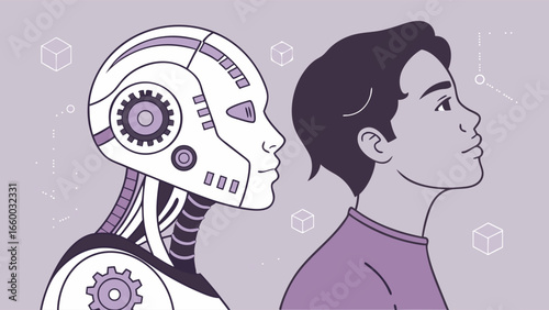 Human and Robot Side Profiles Looking Upward in Harmony.