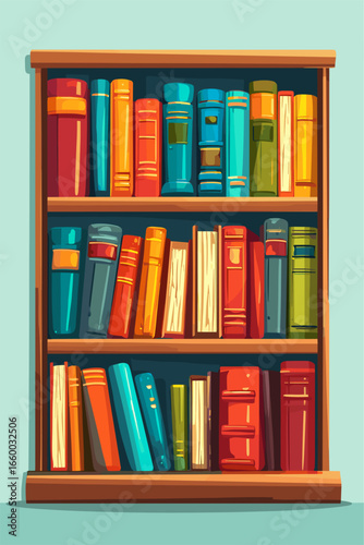 Colorful Illustrated Bookshelf with Various Hardcover Books in Vibrant Colors