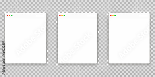 Three blank browser windows mockup with red and green dots on transparent background