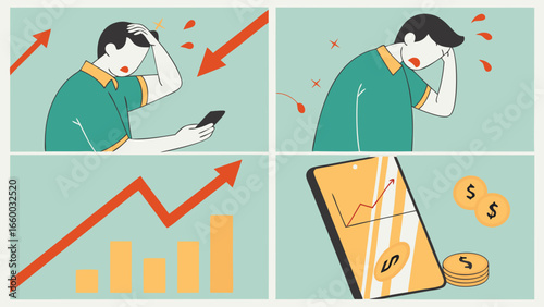 Illustrated Man Experiencing Financial Loss and Market Downturn on Phone.